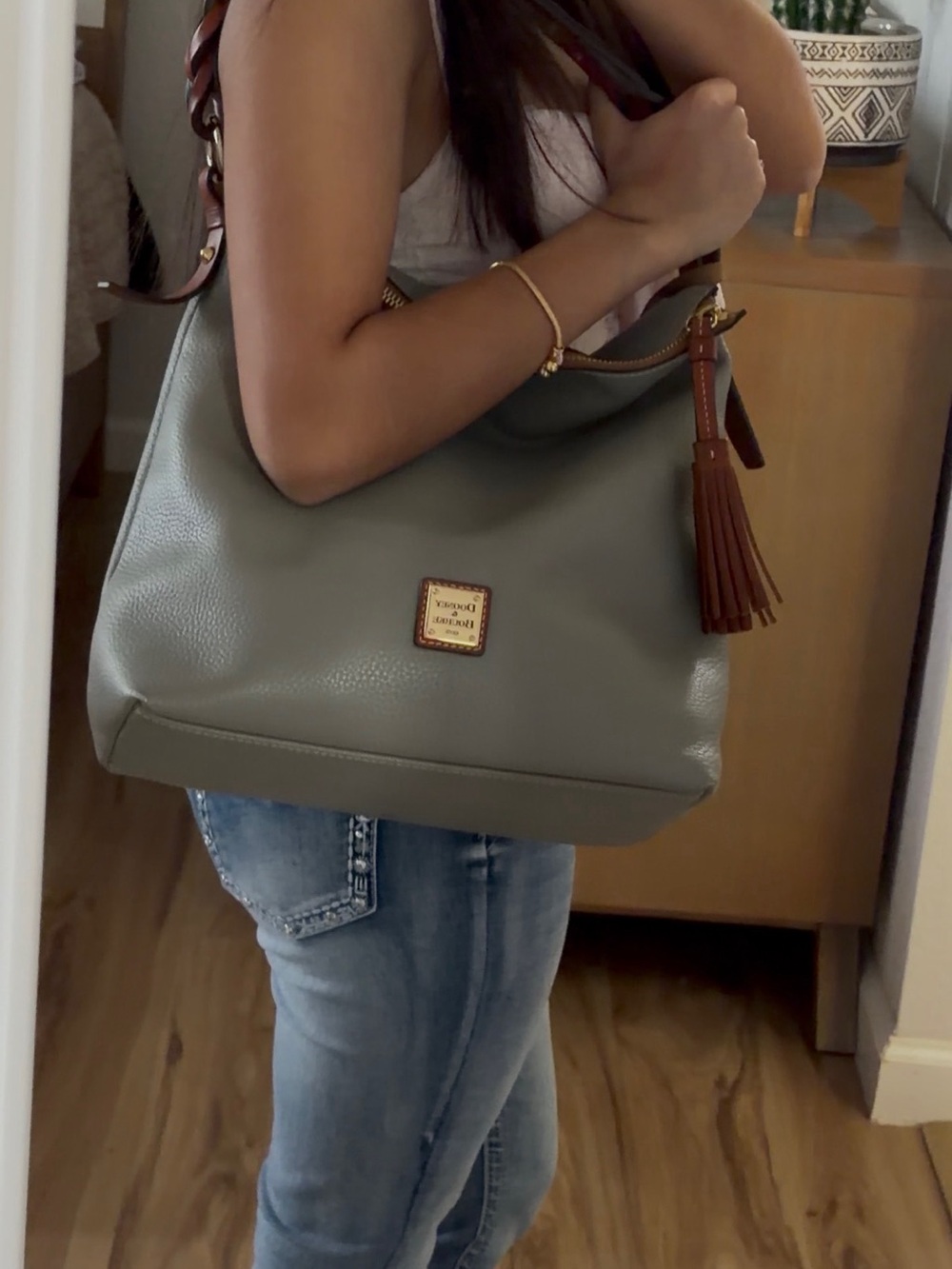 Dooney & Bourke Pebbled Leather Shoulder Bag Taupe Gray Tassel Hobo Purse